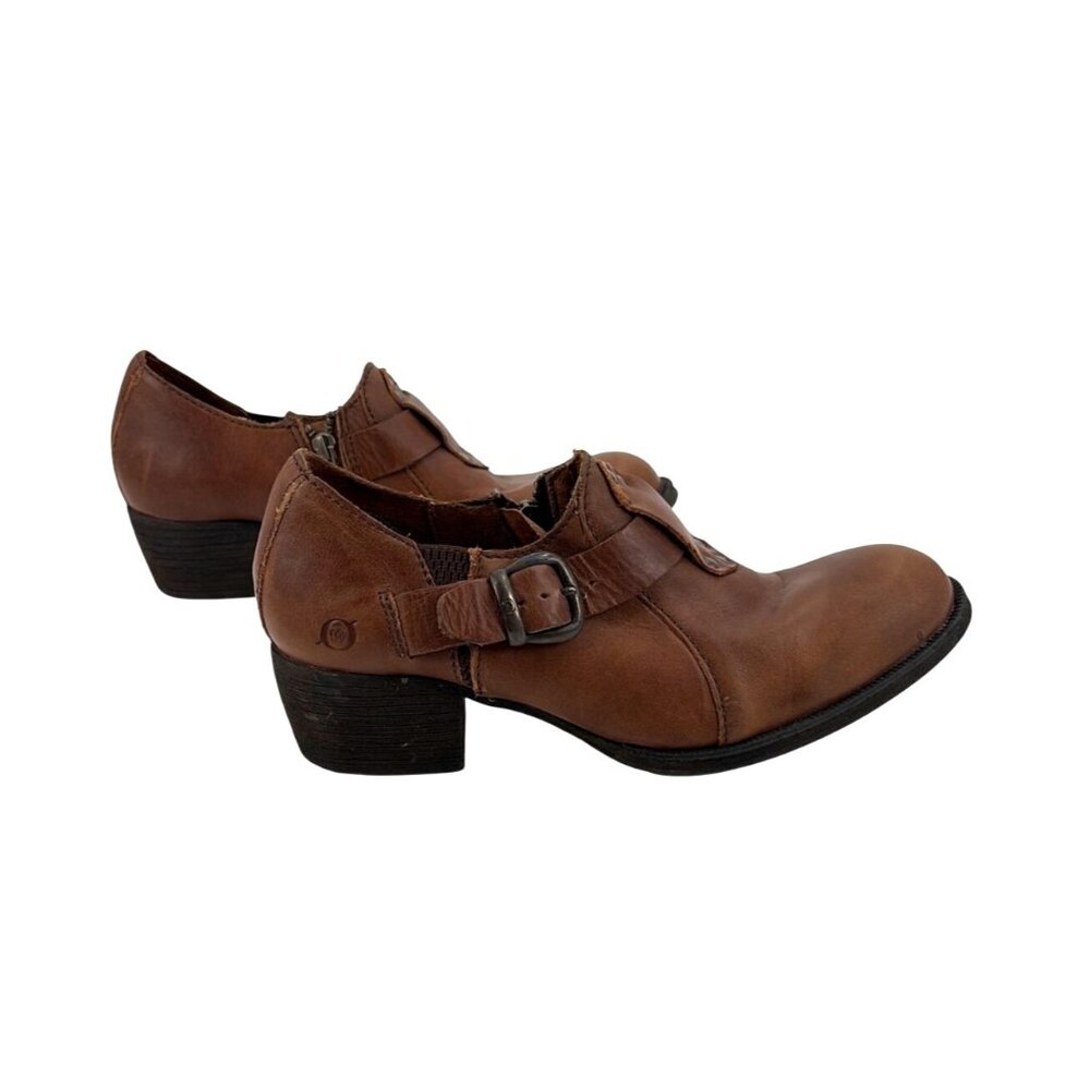 Born Womens 8.5 Leather Stacked Heel Ankle Boots Brown Buckle Strap Boho Western - Picture 3 of 8